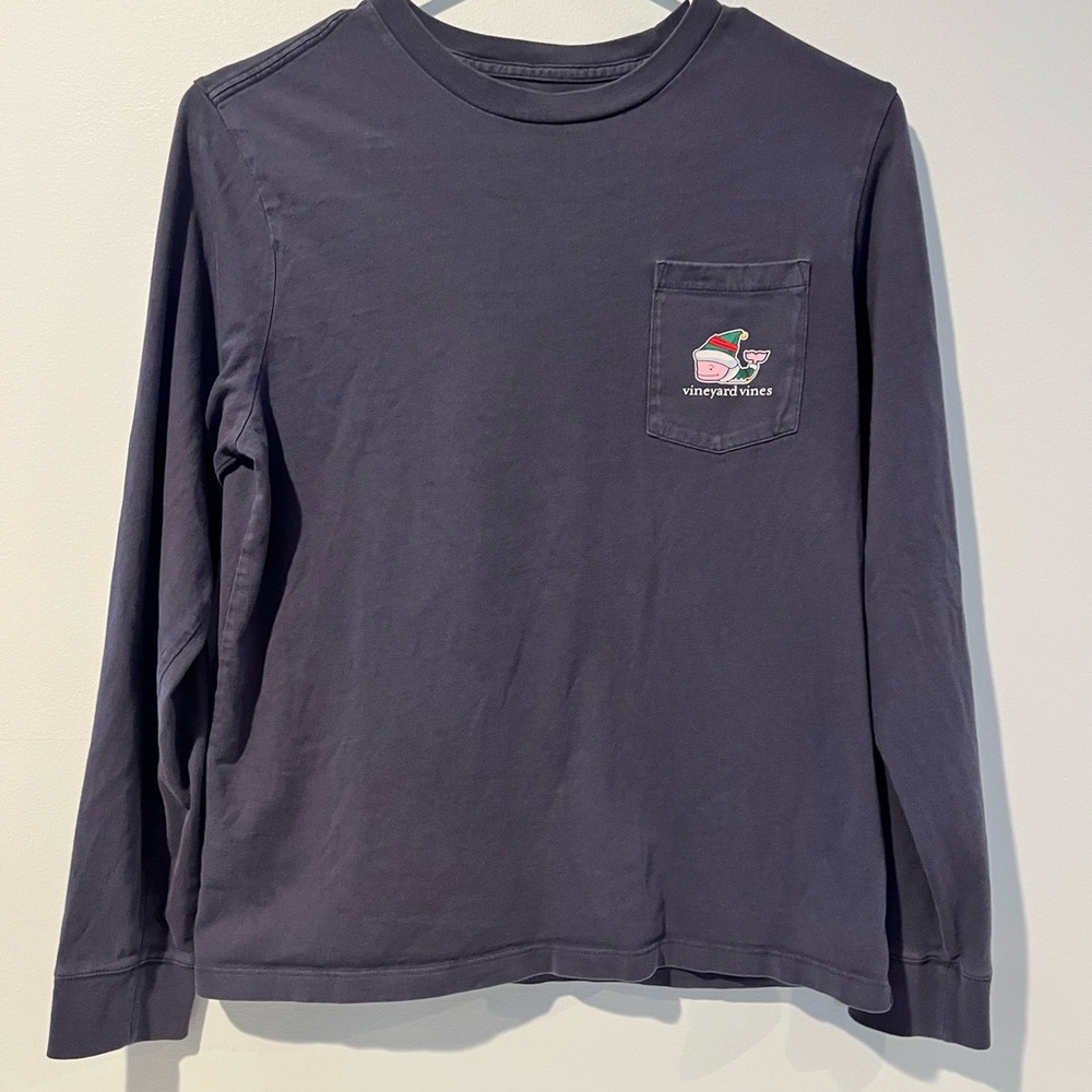 Vineyard Vines Boys Christmas Logo Dark Blue Preppy Long Sleeve Tee, Size L (16)